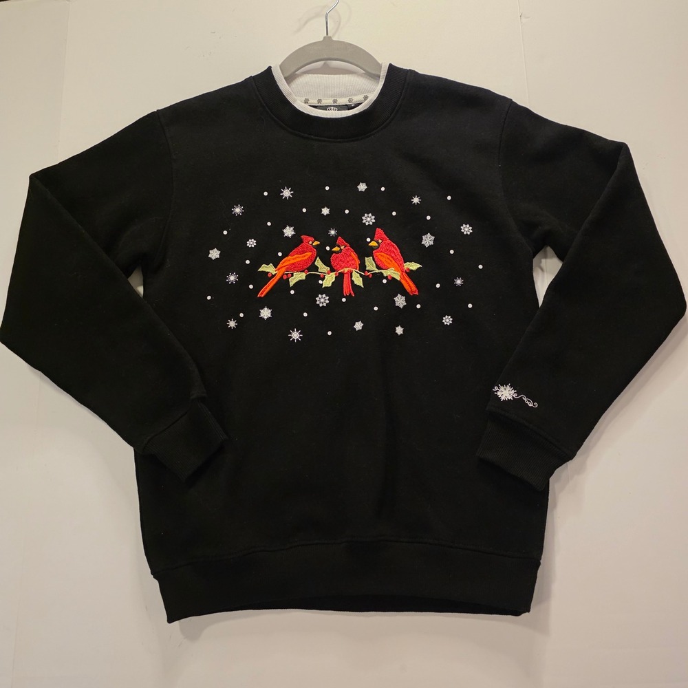 King Universal S Black Cardinal Embroidered Snowflake Sweatshirt Holiday Winter